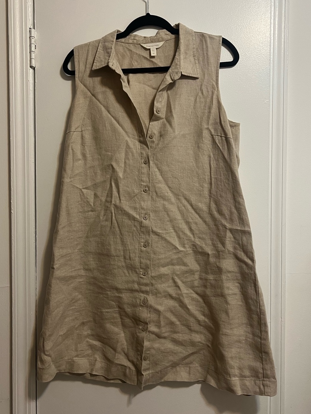 Garnet Hill tan linen button down collared dress